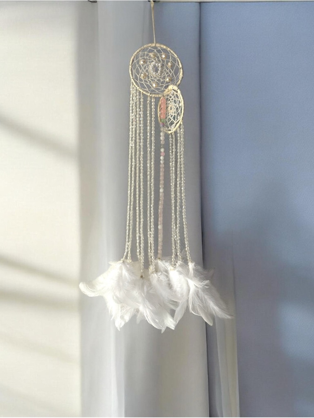 Elegant White Feather Dreamcatcher with Rose Quartz Beaded Accents